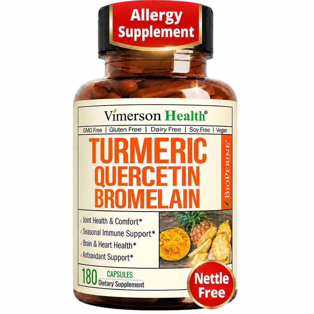 Quercetin with Bromelain Turmeric Curcumin תוסף - Allergy Relief, Joint & Immune Support - תוספת אורגנית Turmeric עם Black Pepper (Bioperine) - 180 Quercetin 500 מ"ג קפסולות