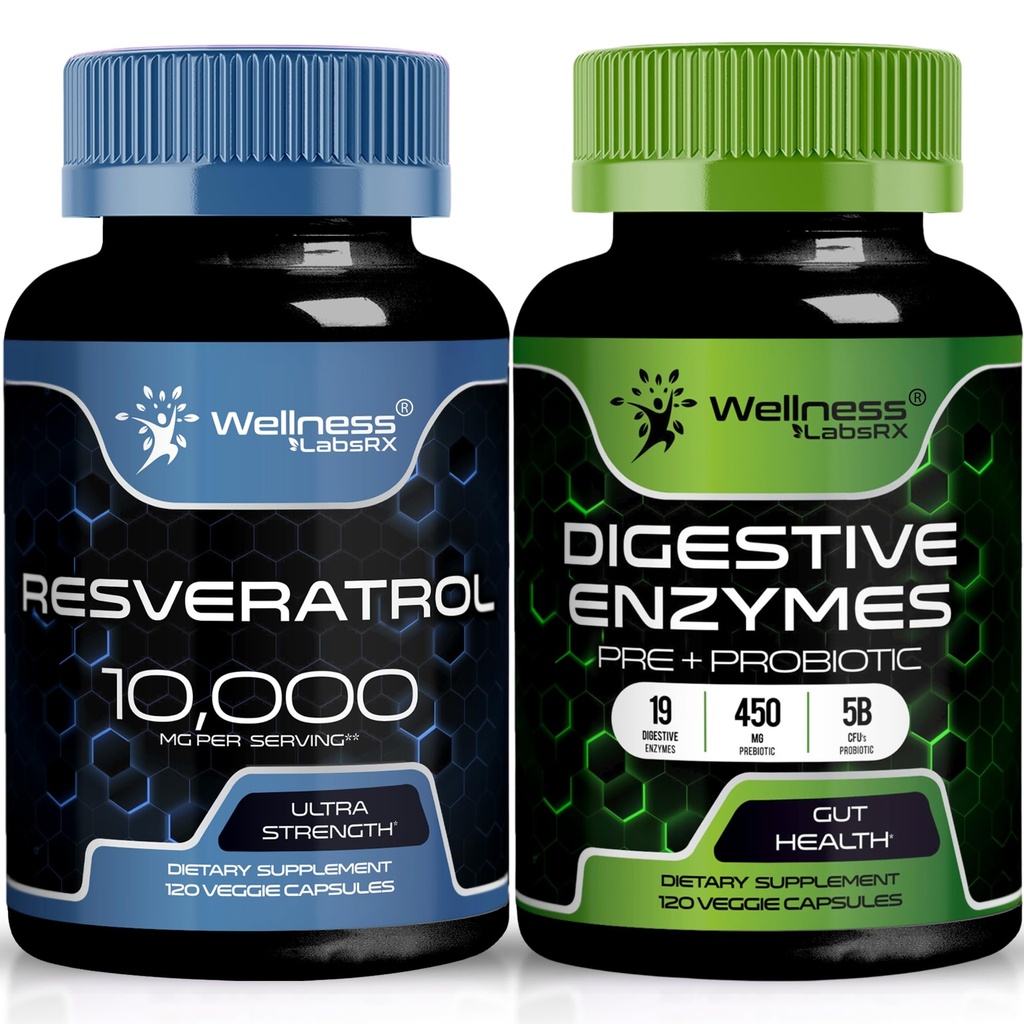 OD LABSRX Resveratrol קפסולות 10,000 מ"ג - Digestive Enzymes 450 מ"ג