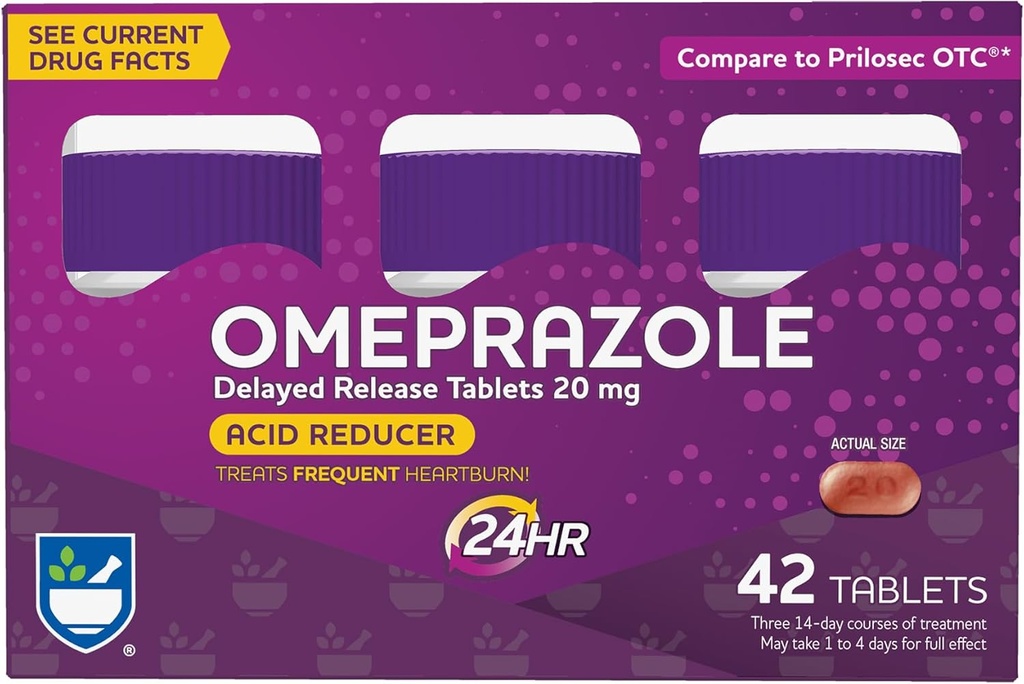 Rite Aid Acid מופחתr Omeprazole נדחה Tablets - 20 מ"ג, 3 בקבוקים, 14 Count Each (42 Count Total), Unflavored, Heartburn Relief, Heartburn Medicine, Treats Frequent Heartburn