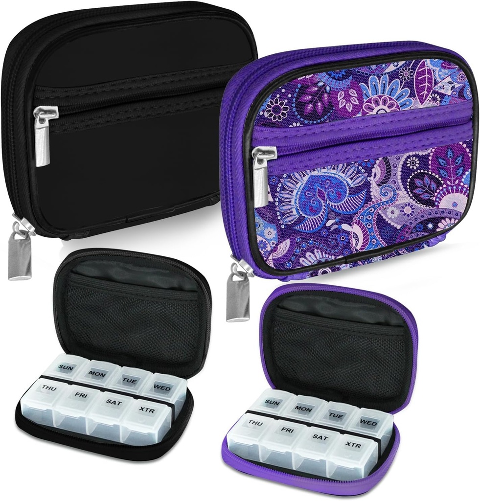 Serfeymi Travel Pill Productionser Pill Case for Purse with Removable 7 Day Pill Box, fashionable Travel Medicine Suiteer Pill Container for Medicine, ויטמין, תוסף שחור 01 + Purple 01 + Purple 01