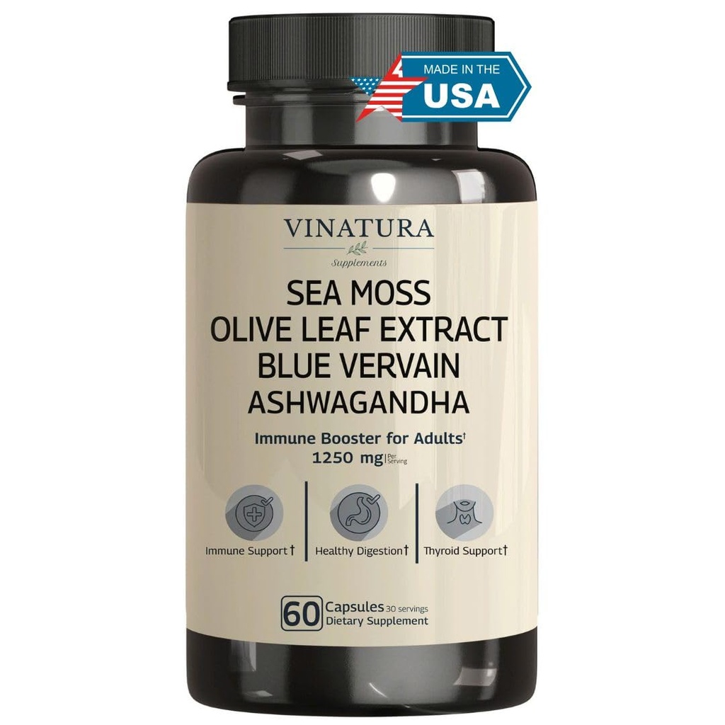 VINATURA ים אורגני Moss, Blue Vervain - עם שמן שחור Seed, Ashwagandha, ג'ינג'ר, Burdock Root כמוסות - 1250 מ"ג לשרת, *USA Made &Tested * Immune Booster למבוגרים