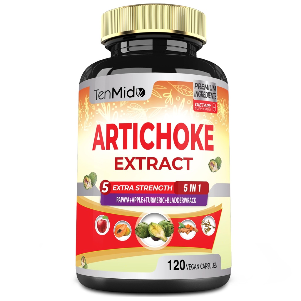 Artichoke תוספת לחלץ קפסולות, 4 חודשים אספקה עם פאפאיה, Apple Pectin, Turmeric Curcumin, Bladderwrack - תומך בפעילות העיכול - 120 קפסולות טבעוניות