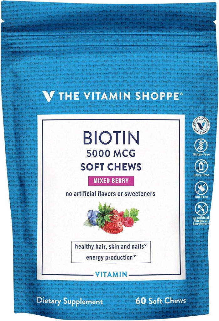 ויטמין Shoppe Biotin Soft Chews לשיער, Skin & Nail תמיכה - 5,000 מ"ג - ברי (60 צ'יפס רך)