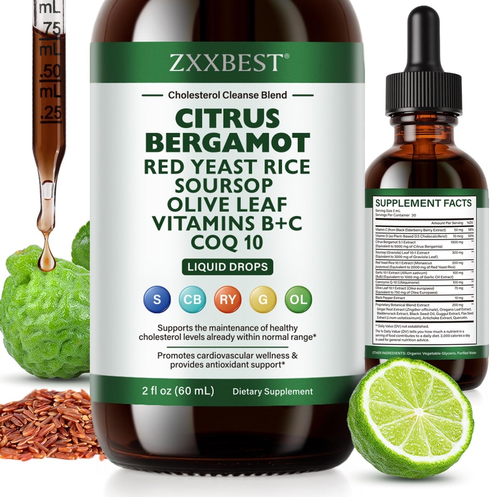 Red Rice Yeast for Cholesterol Support - High Absorption Citrus Bergamot Cholesterol Supplements Blend with Red Yeast Rice Extract Liquid, Soursop Drops, Garlic, Olive Leaf & Vitamin C D3 - 2 Fl Oz