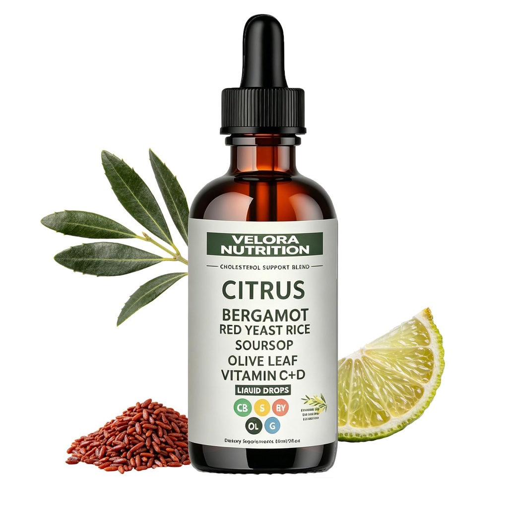 Velora Red Yeast Rice Cholesterol Cleanse, Velora Nutrition Citrus Bergamot Red Yeast Rice, Drops with Soursop, Olive Leaf, Vitamin C+d, Natural, Non-GMO, Vegan 2 Fl Oz (1Pc)