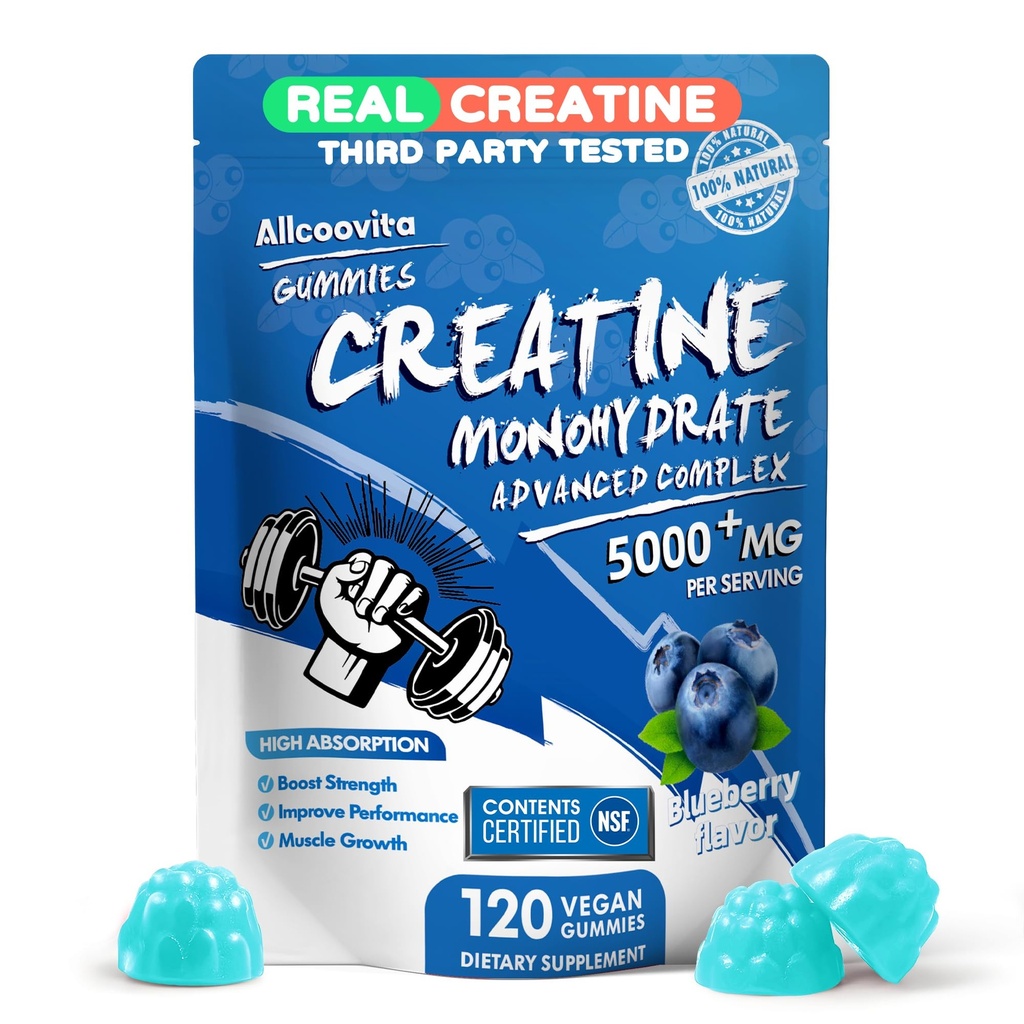 Creatine Monohydrate חניכיים מורכבות עבור גברים ונשים - 120 חניכיים מתקדמות פורמולה, L-Taurine + ויטמין B12 עבור כוח שרירים, בונה שרירים, אנרגיה Boost, Pre-Workout תוסף - Blueberry כחול