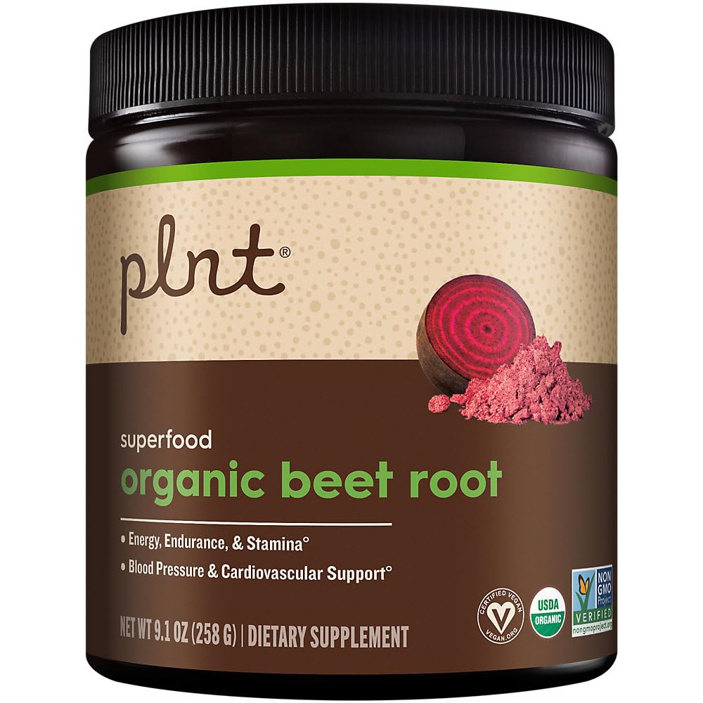 plnt Organic Beet Root Powder Superfood, Natural Energy, Endurance & Cardiovascular Support for Men and Women, USDA Organic, Non GMO, Vegan, 9.1 Oz, 60 Servings