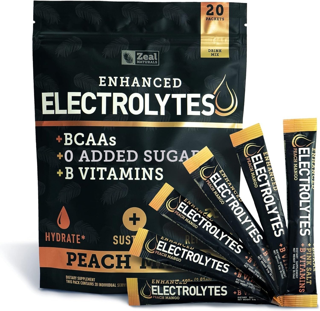 אבקת אלקטרוליט משופרת (Peach מנגו 20pk.) w 0 סוכר +BCAAs +B-Vitamins Electrolyte תוסף w Potassium Zinc & Magnesium עבור הידרה - Keto אלקטרוליטטס