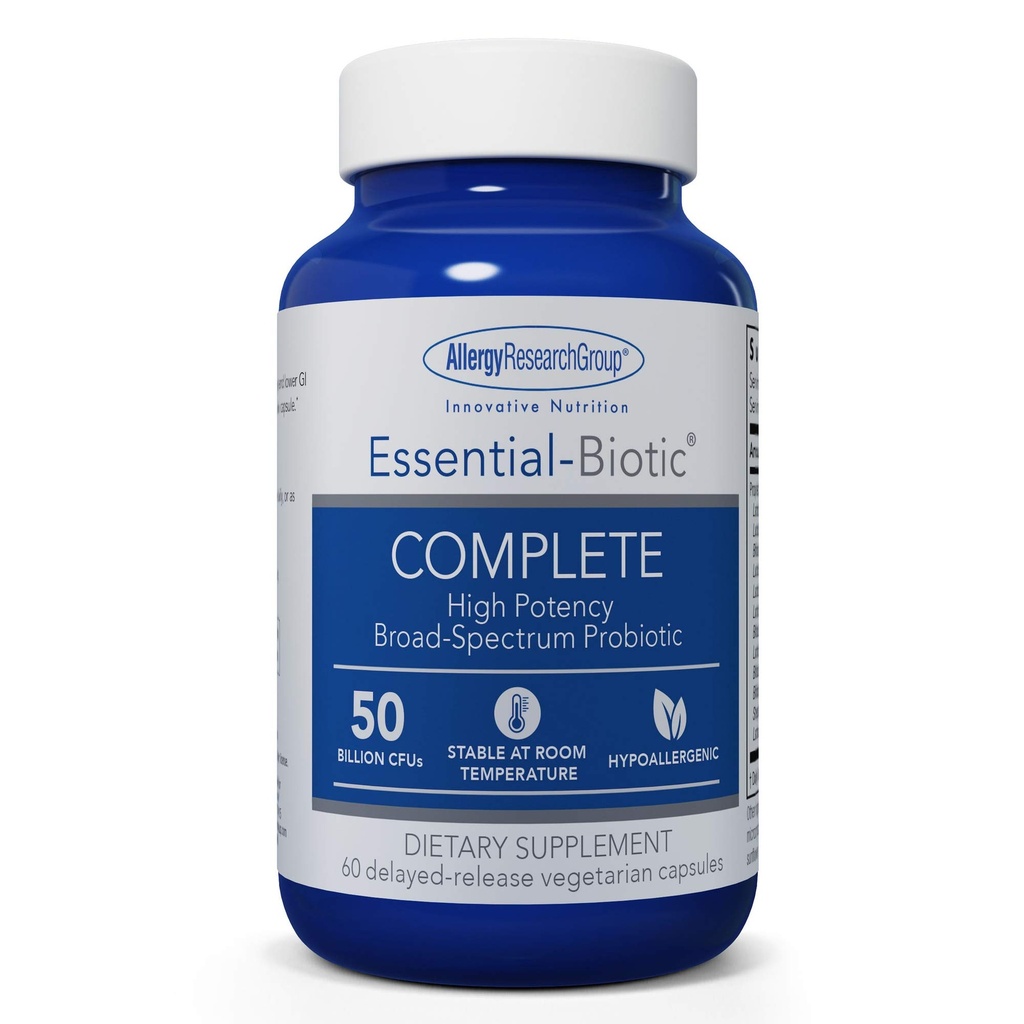 Allergy Research Group Essential-Biotic Complete Supplement - High Potency Probiotics for Men & Women, Supports Got & Digestive Health, 50 מיליארד CFUs, Delayed-Release Vegetarian כמוסות - 60 הרוזן