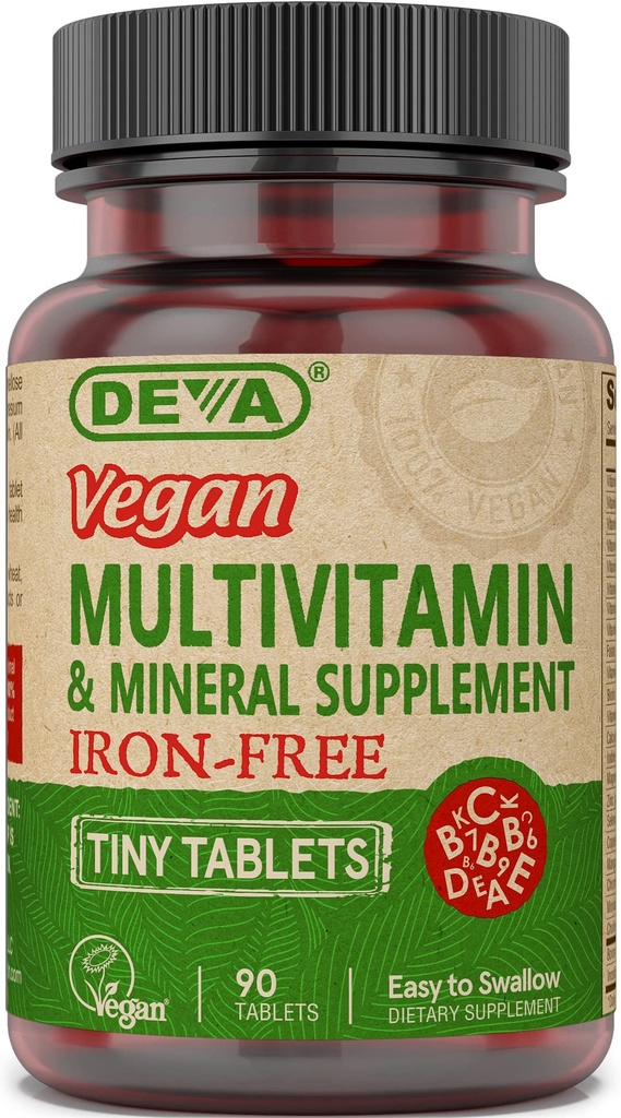 DeVA טבעוני חינם Multivitamin & מינרלים תוספת, ויטמין C, D2, E & B-Complex, Biotin, 90 טבליות קטנות