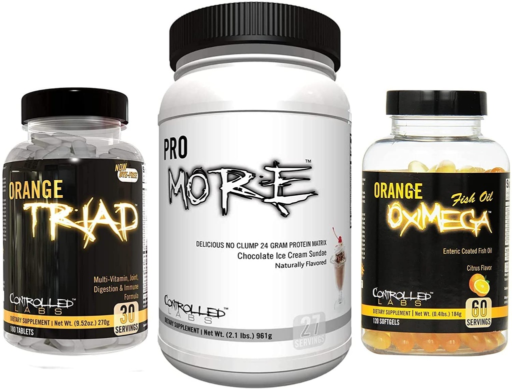 CONTROLLED LABS Bundle - Orange Triad (30 Serv), Orange Oximega Fish Oil (120 softgels), PROmore Protein (27 Serv) Chocolate Ice Cream Sundae