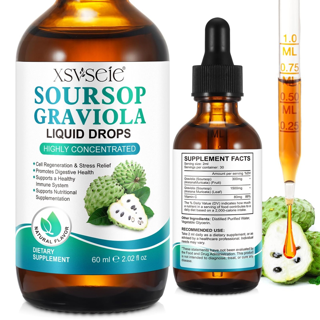 Soursop Graviola נוזל טיפות, שמן Soursop לתמיכה והתחדשות, Immune Boost, להירגע, Liver ושינה, Soursop bitters נוזל, טבעוני, סוכר וגלוט חינם, טבעי פלאמור, עבור גברים ונשים-2 Fl Oz