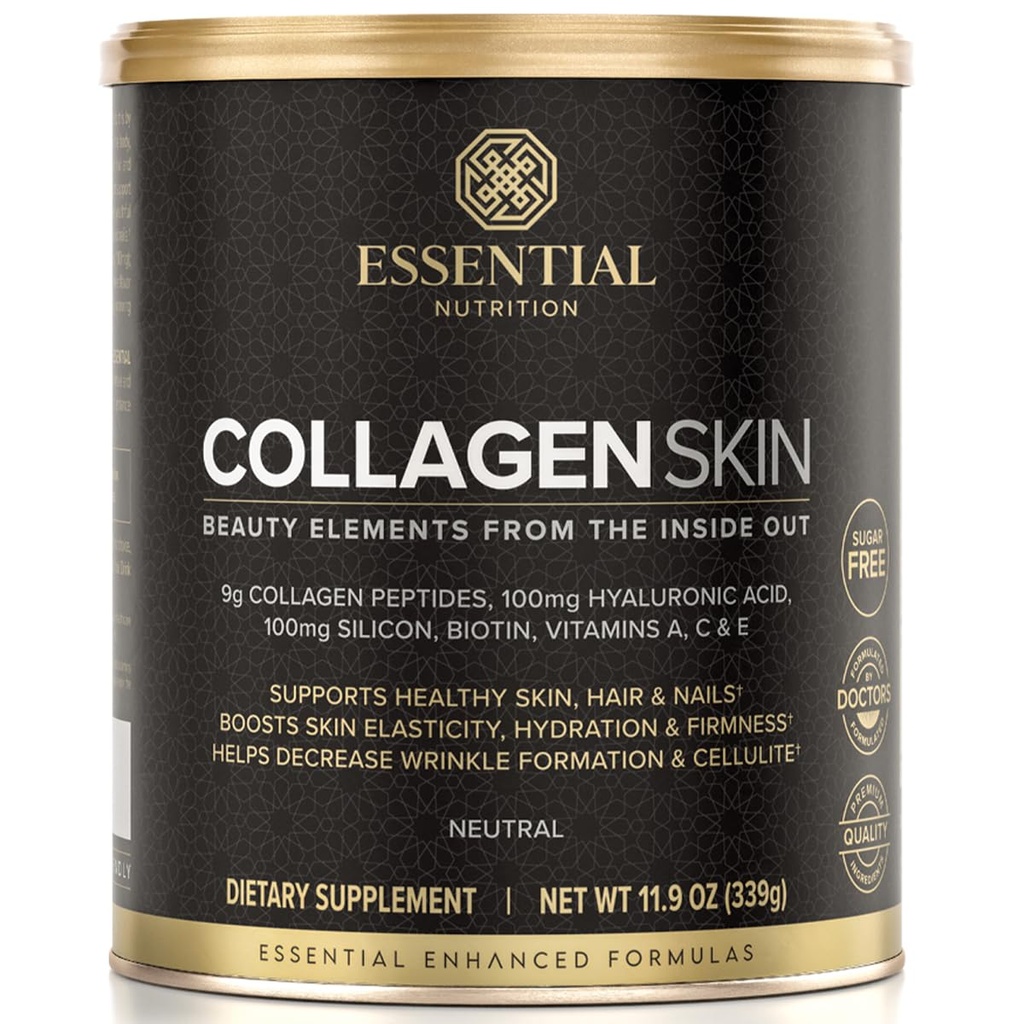תזונה חיונית Collagen Skin - hydrolyzed Collagen Peptides, עם Hyaluronic Acid, Silicon & Biotin - Hair, Skin & Nails - Neutral - 11.9 oz (30 משרתים)