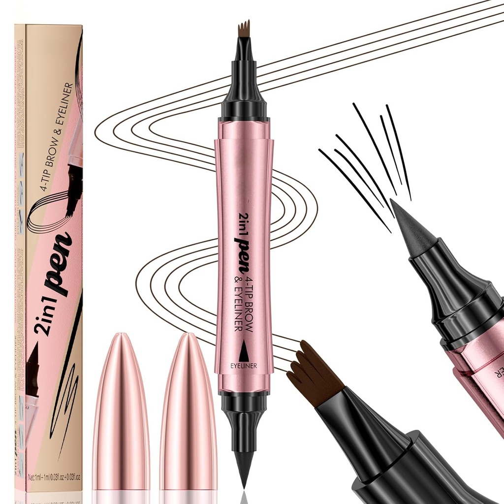 Q710 2in1pen,4-Tip Brow Pen & Eyeliner,Dcuble-ended design, Wild Eyebrow איפור, microblading eyebrow Pen, Waterהוכחה למים,Soft nib, עם שבץ חלק אחד (2#Dark Brown)