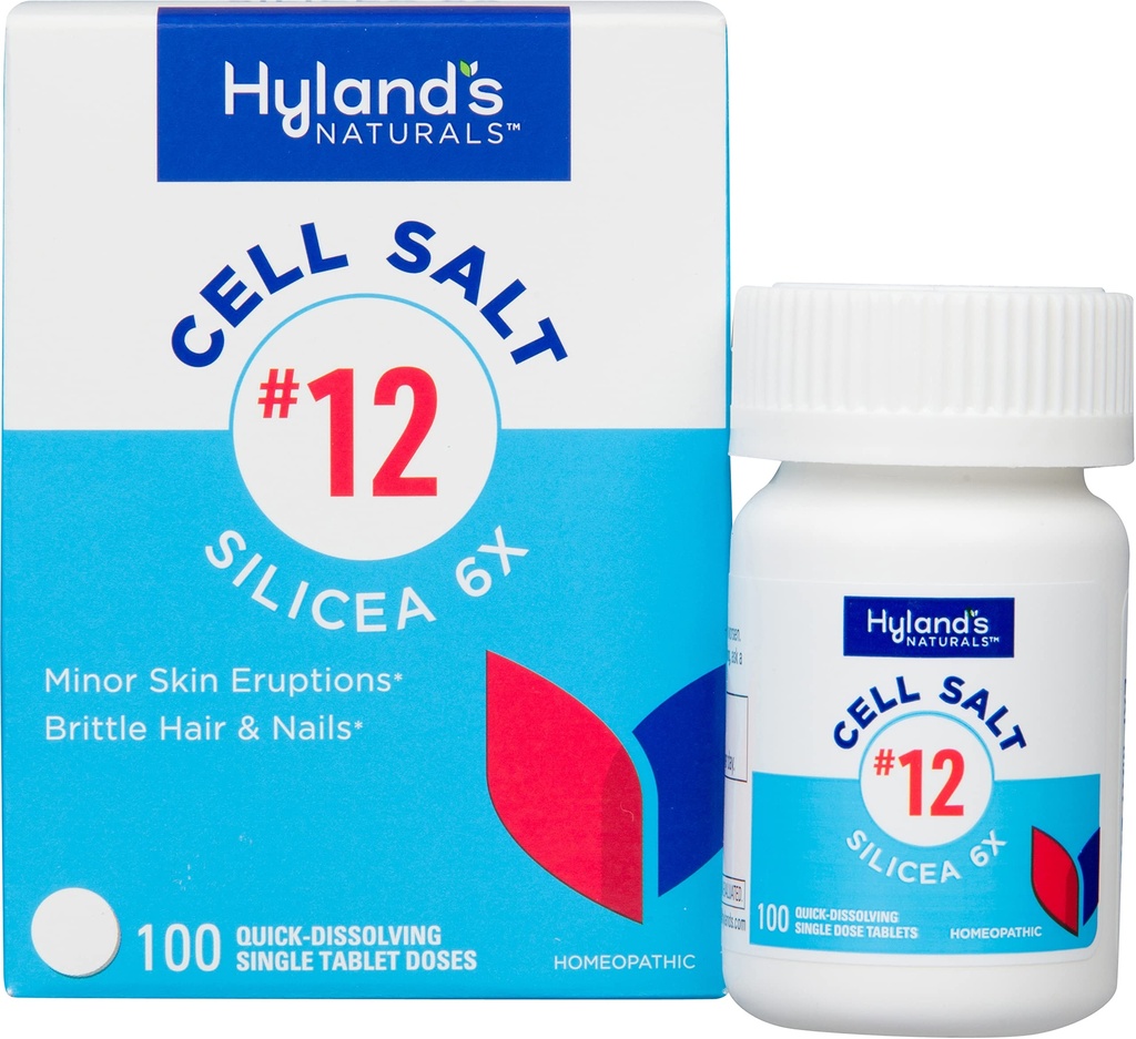 Hyland's No. 12 Cell Salt Silicea 6X Tablet, Acne ו Blackhead Treatment, Hair and Nail growth Supplement and Powerener, Skin Irritations, Quick Disshoots, 100 Count Count