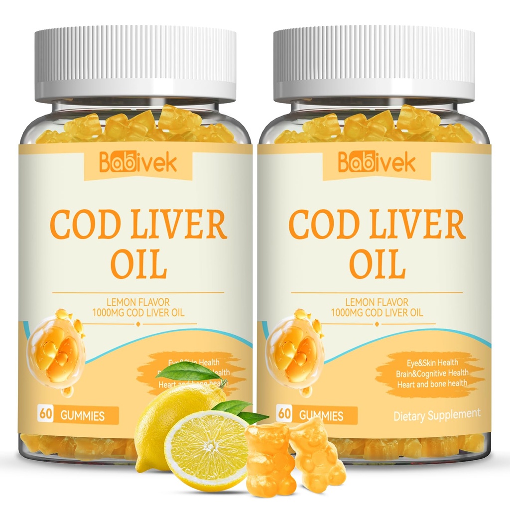 Cod Liver Oil Gummies 1000mg, for Adults & Kids with Omega-3 Vitamin A & D3, Fish Oil Supplement, Supports Eye Health, Brain Function & Bone Health, Sugar-Free, Non-GMO, Gluten-Free 120 Count