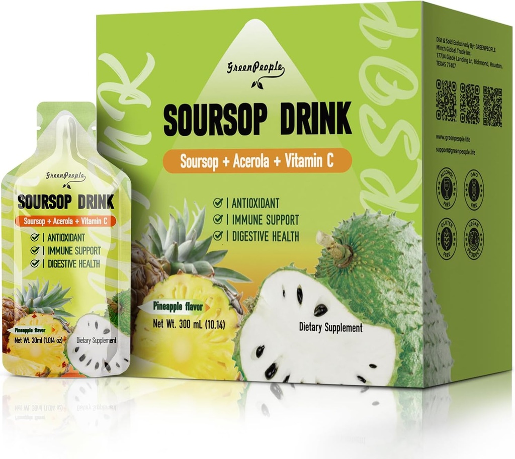 משקה נוזלי GREENPEOPLE Soursop & Acerola, Soursop Bitters נוזל, Immune Boosting ויטמין C משקה, קיצור מהיר, טבעוני, non-GMO, 10 Packetsop