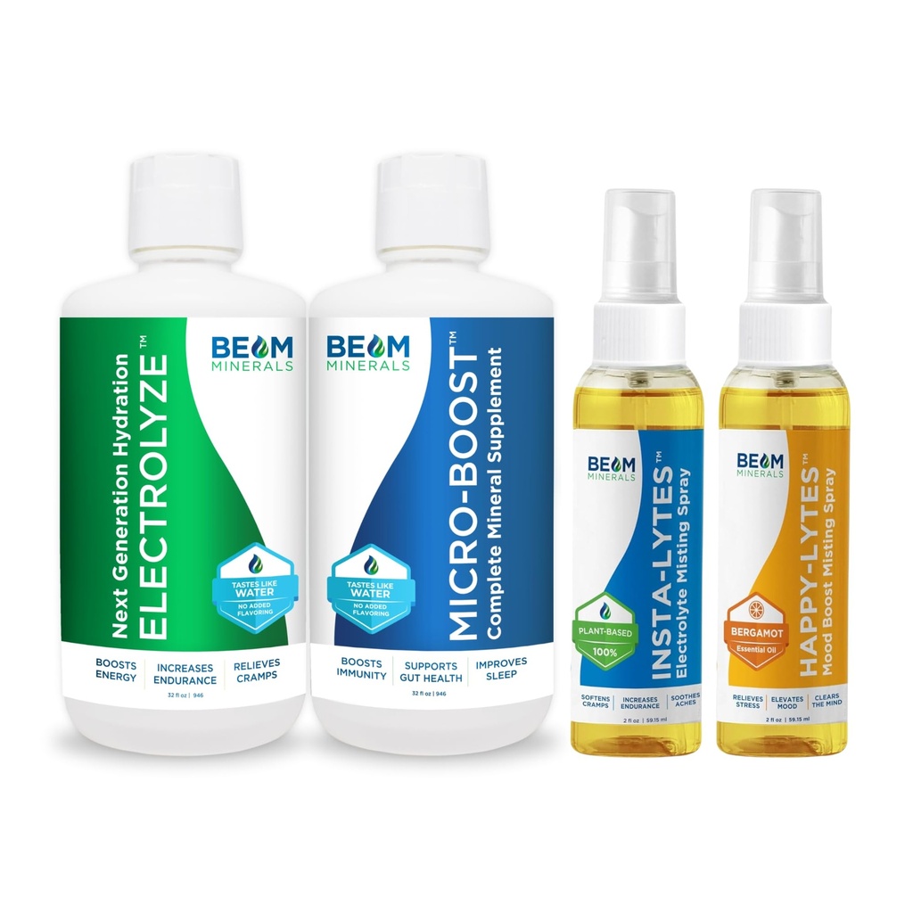 Beam מינרלים Micro-Boost Humic מינרלים בלנדר & Electrolyze נוזל ו Insta-Lytes טבעי אלקטרוליטים 2oz ו Happy-Lytes Fluvic אלקטרוליטה Misting Spray 2oz