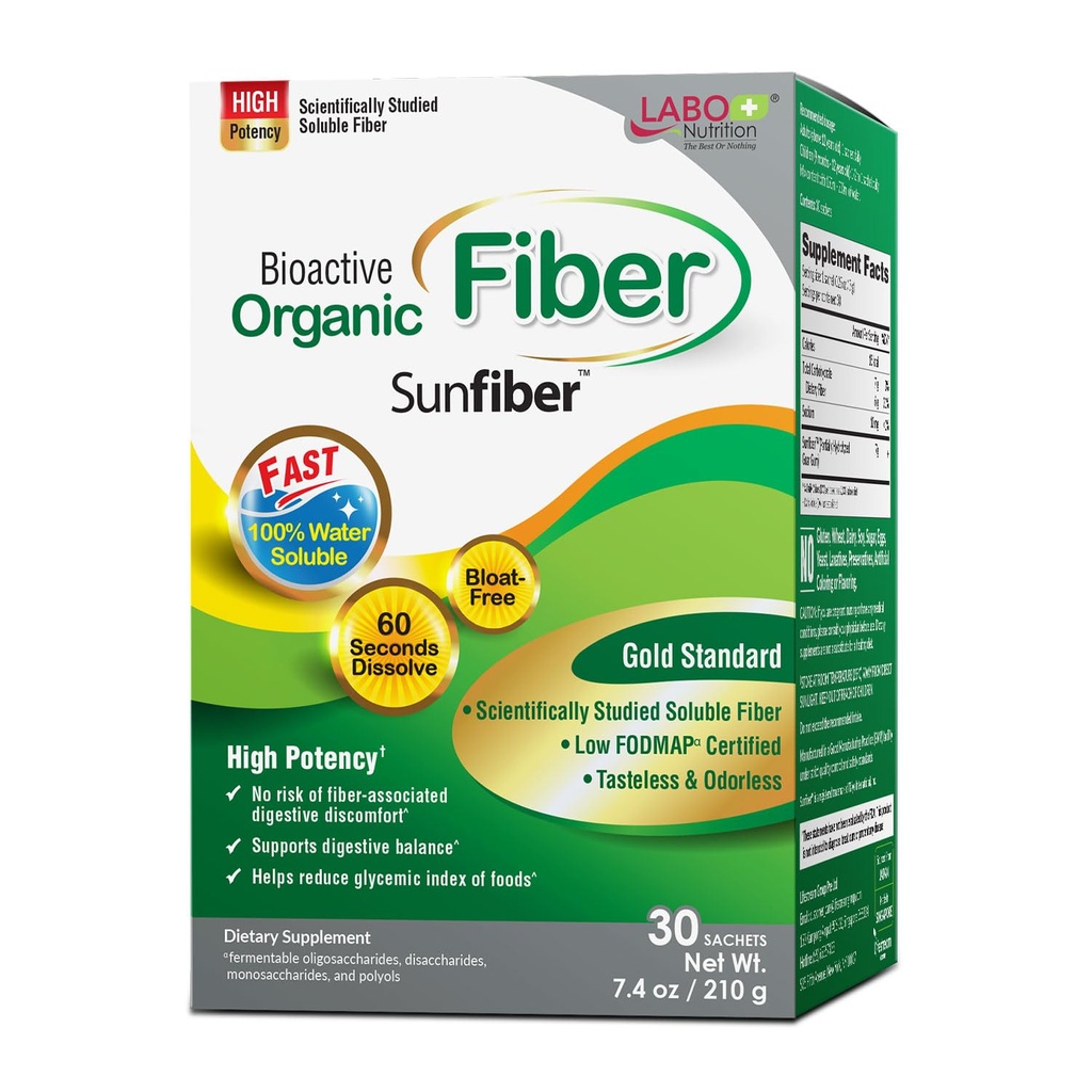 LABO Nutrition bioactive Organic סיבים - Sunfiber PHG Soluble Prebiotic סיבים עבור סדירות עיכול ו Gut בריאות - חלקית hydrolyzed Guar Gum, נמוך FODMAP, Unflavored, טבעוני, non-GMO, 30 Sachets