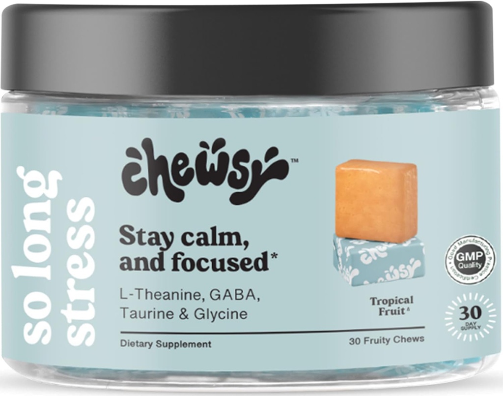 צ'לסי So Long Stress, Calm Fruity Chews, Stay Calm & Focused. w/L-theanine, Amino Acid, GABA, Glycine, Tyrosine, Tairine & Magnesium. Non-GMO ו- Gluten-Free