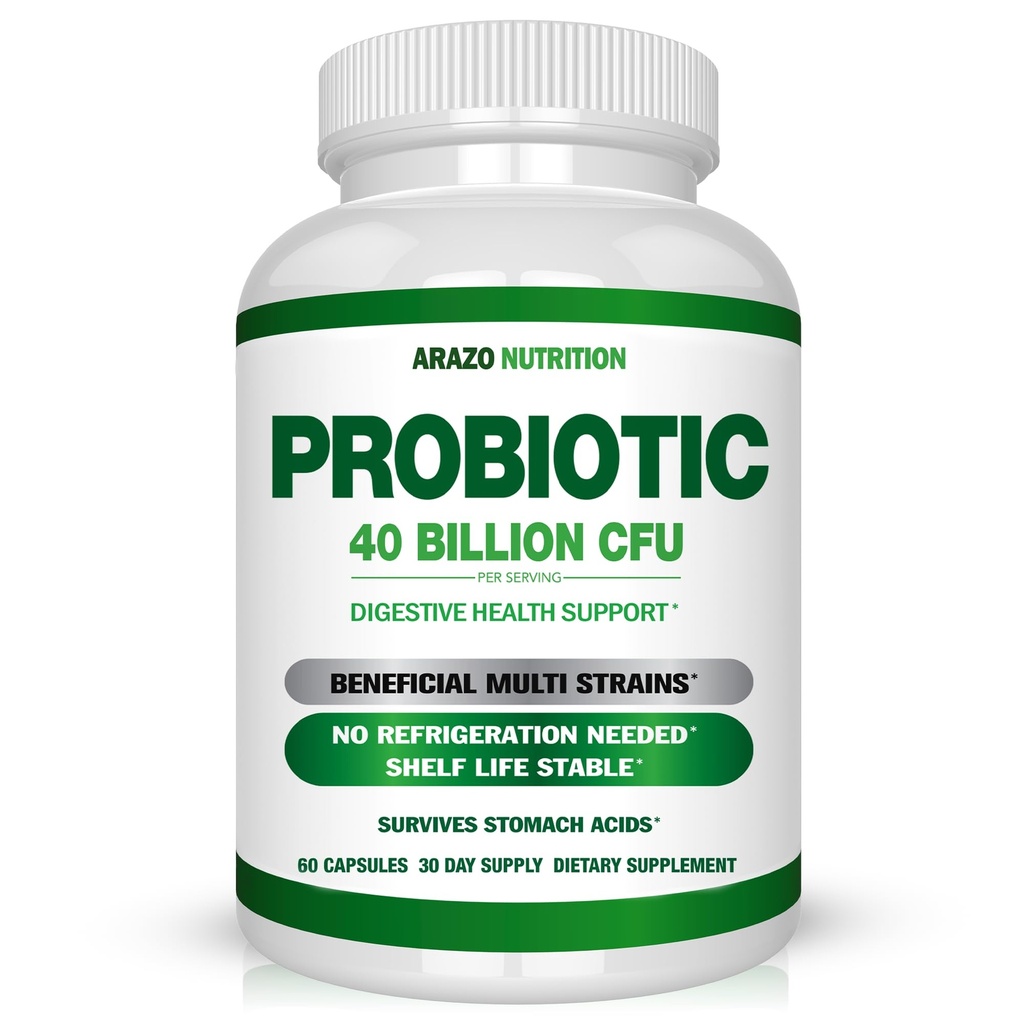 Arazo Nutrition Probiotic 40 מיליארד CFU - Shelf Stable עם Prebiotics ו Acidophilus - Stable Potency עד לנשימה - Time Delay לשחרר Probiotics