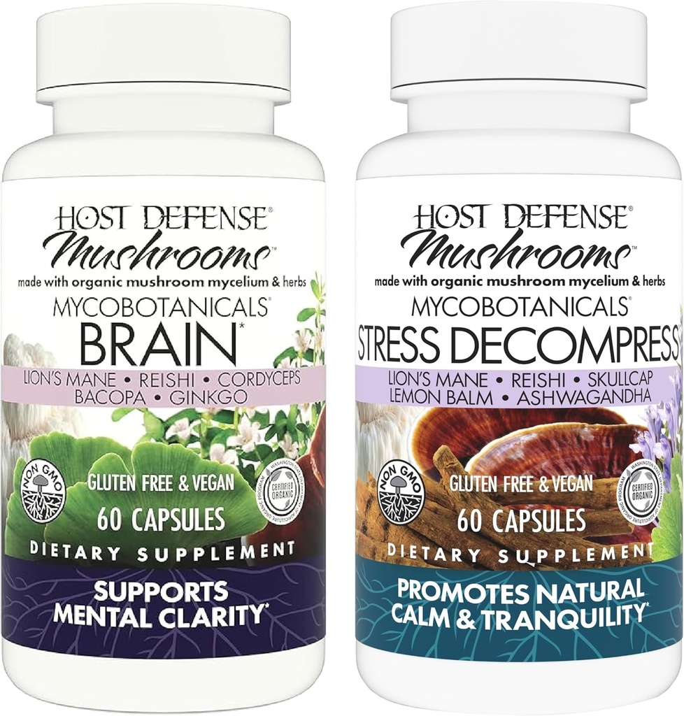 Host Defense Bundle עם MycoBotanicals Brain * קפסולות, 60 Count & MycoBotanicals Stress Decompress * קפסולות, 60 Count - תמיכה ב- Memory & Focus - תמיכה מרגיעה