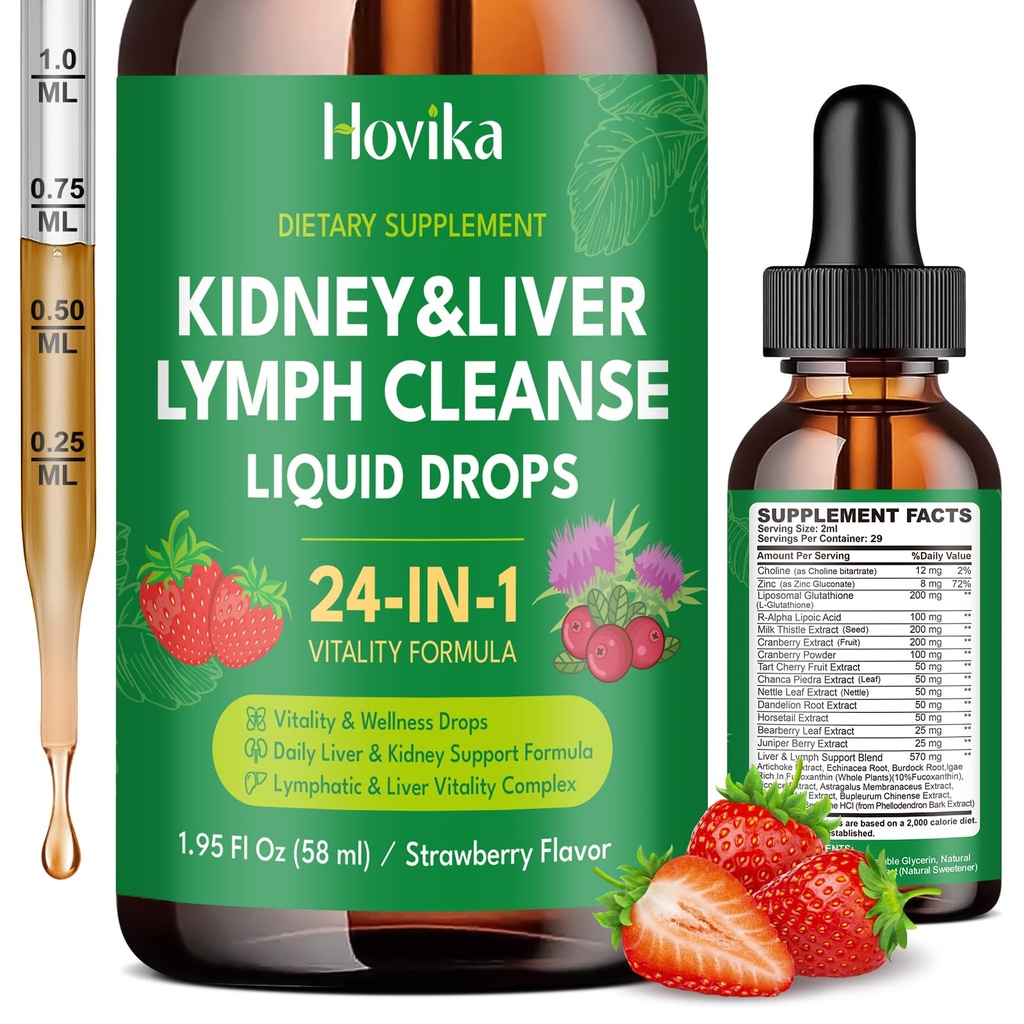 24-in-1 Kidney & Liver, Lymph Cleanse Detox & Repair Drops, Three Immune Formula with Cranberry, Milk Thistle, Vegan Urinary Tract & Lymphatic Drainage & Liver Repair | Strawberry Flavor, 1.95 FL Oz
