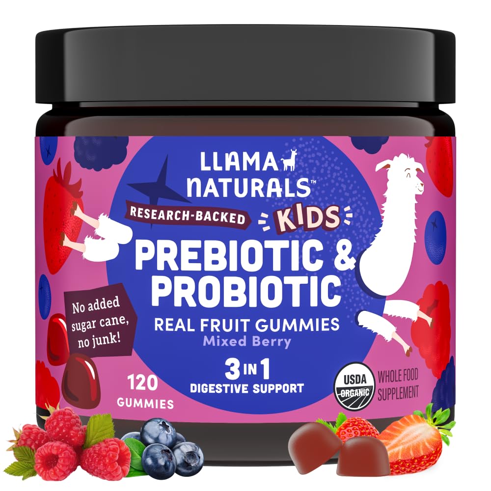 Llama Naturals Kids Probiotic with Prebiotic Fiber, Vegan, Organic Prebiotics and Probiotics Gummies for Gut Health Support, Toddler Real Fruit Gummy Vitamins, No Added Sugar Cane, Mixed Berry, 120 Ct