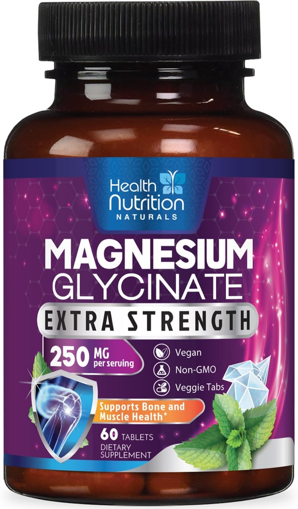 Magnesium Glycinate 250 מ"ג - 100% מגנזיום צ'לסי עבור Max Absorption - תמיכה בשינה, שרירים, עצבים, העצם & Heart Health תמיכה, Best Mag תוסף, טבעוני non-GMO, צד שלישי נבדק - 60 טבליות