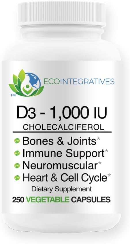 ויטמין D3-1000 IU 25 mcg (Cholecalciferol) Hypoallergenic תמיכה עבור שרירים, עצמות ושיניים, חזה, Prostate, Cardiovascular, קולון ובריאות החיסון (250 קפסולות Veggie)