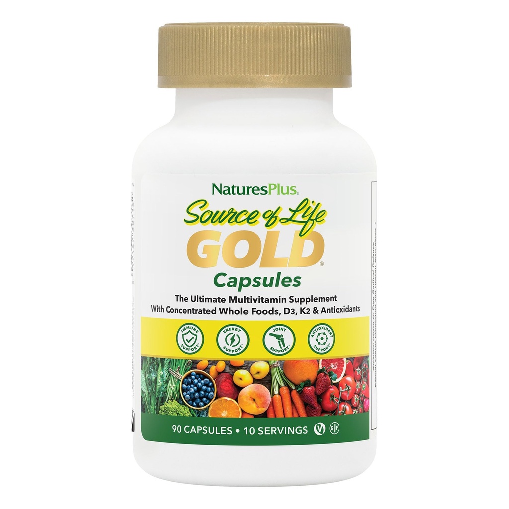 NaturesPlus Source of Life Gold Multivitamin - 90 קפסולות צמחוניות - עם ויטמינים D3, B12, K2 ועוד 120 Whole Foods - Blood, Bone & Immune Support - Gluten Free - 10 משרתים