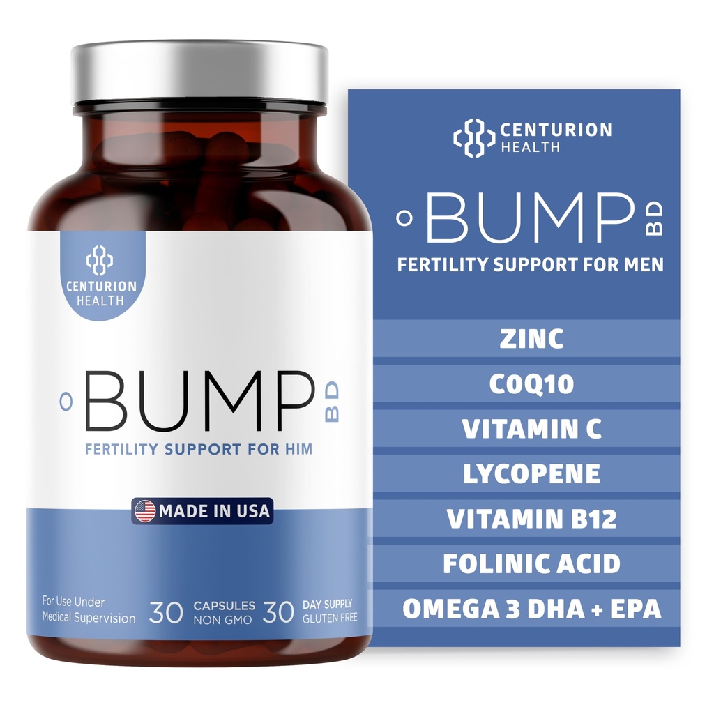 Centurion Health Bump BD, Natural Fertility Supplement for Men, Male Prenatal Vitamins with Selenium, CoQ10, L-Methylfolate, Folinic Acid, DHA + EPA to Support Hormonal Balance & Motility, 30 Caps