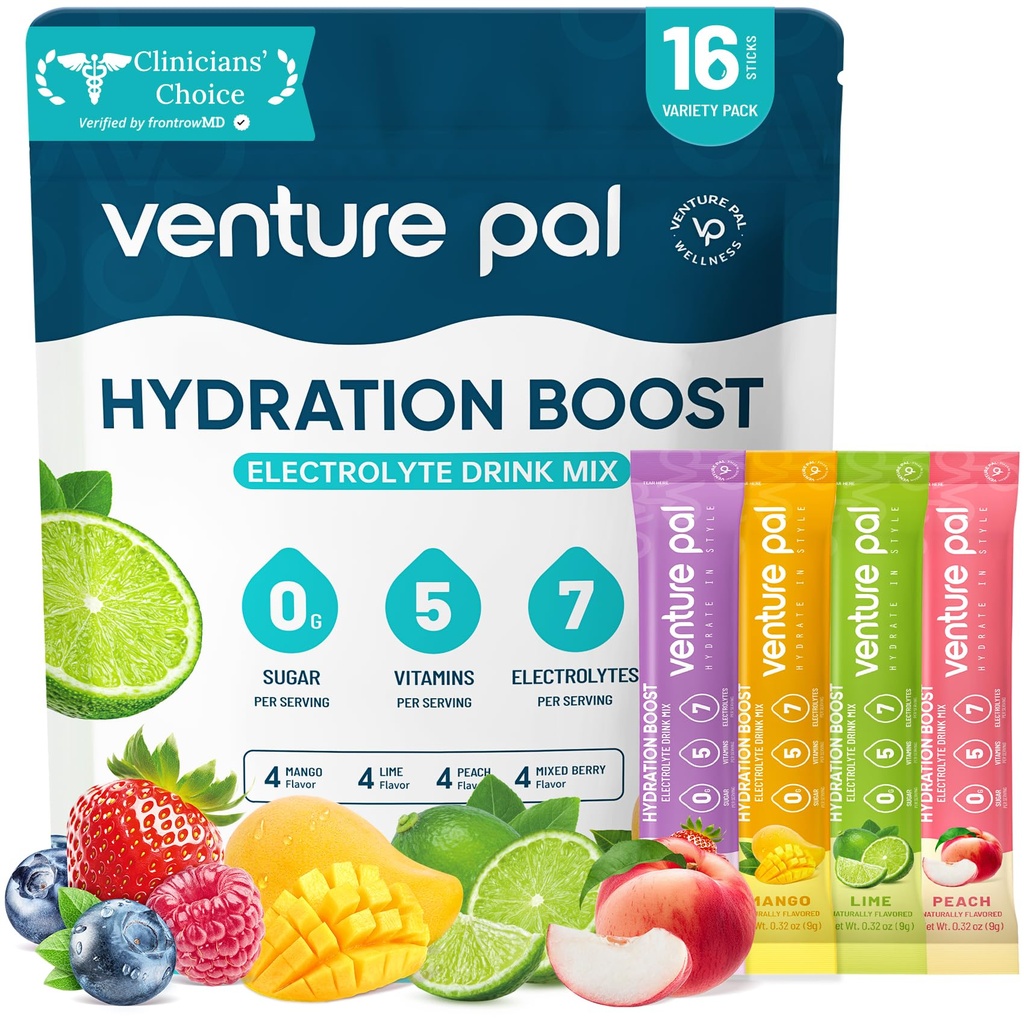 Venture Pal Sugar חינם Electrolyte אבקת Packets - נוזל יומי IV hydrotion Packets; אלקטרוליטים לשתות לערבב עם 5 ויטמינים ו 7 אלקטרוליטים | Keto Friendly | Non-GMO | מוסמך | 16 מקלים