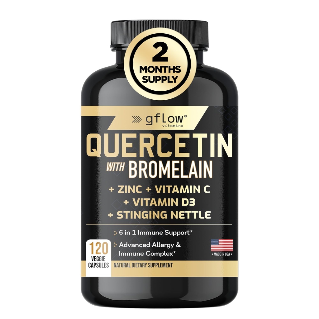 Quercetin עם Bromelain, Sting Nettle תוסף, Zinc ויטמין C ויטמין D | Non-GMO, Gluten-Free | Made in USA | 2 חודשים אספקת