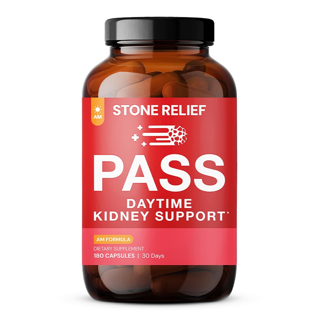 STONE RELIEF Pass AM – Daytime Herbal Kidney Support for Relief, Comfort, & Enhance Flow (180 קפסולות + Stone Catcher + Printed Guidebook)