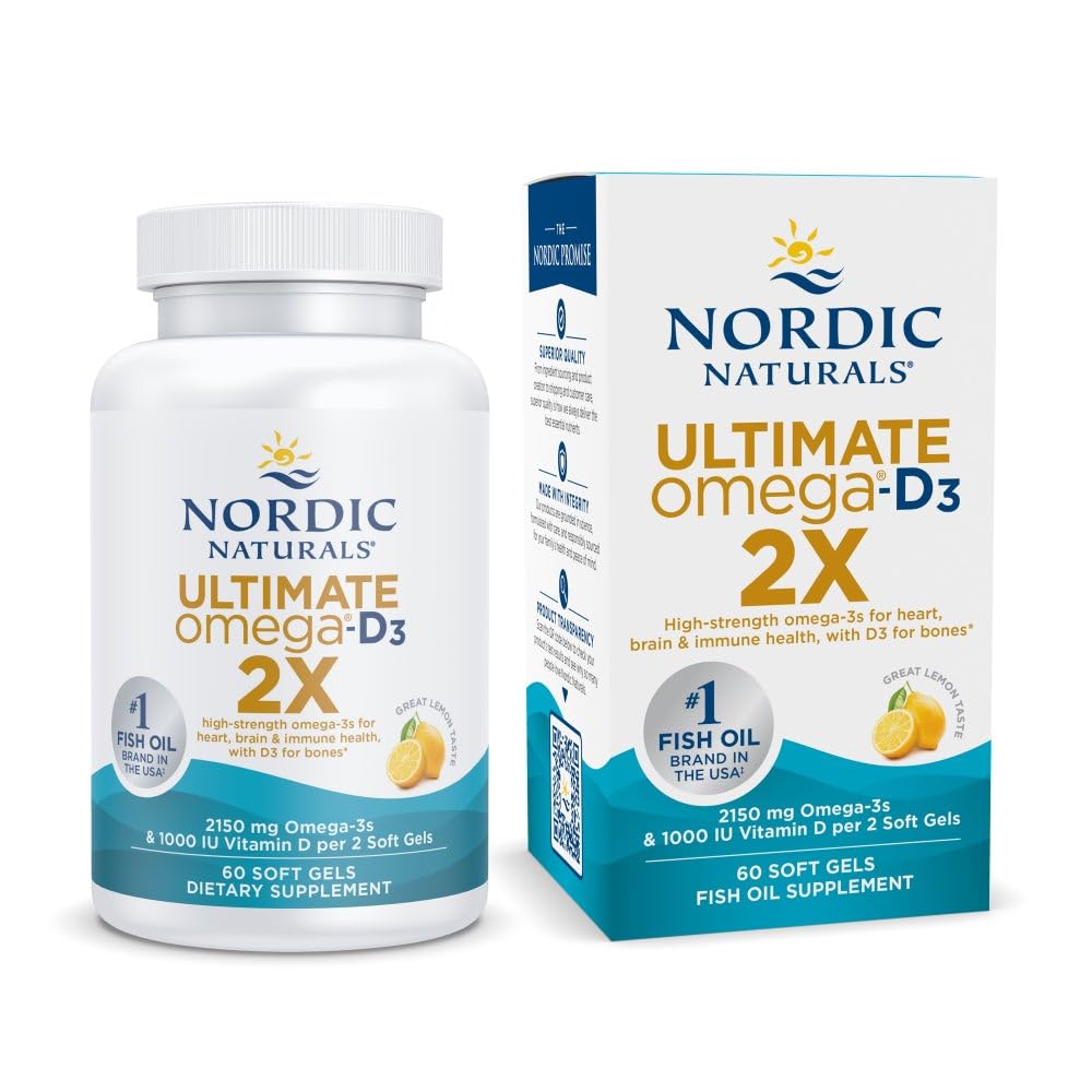 Nordic Naturals Ultimate אומגה 2X עם ויטמין D3, Lemon Flavor - 60 Soft Gels - 2150 מ"ג אומגה 3 + 1000 IU D3 - EPA & DHA - Brain, Heart, & Immune Health - 30 משרתים