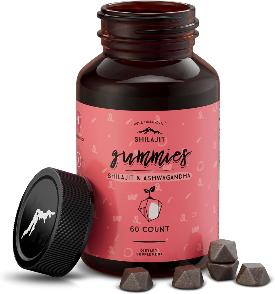 Pure ההימלאיה Shilajit Gummies, Sugar-Free, 85+ Trace מינרלים & Fulvic Acid for Energy, Metabolism & Immune Support, Shilajit for Men & Women, Ashwaghanda Gummies (60 Count)