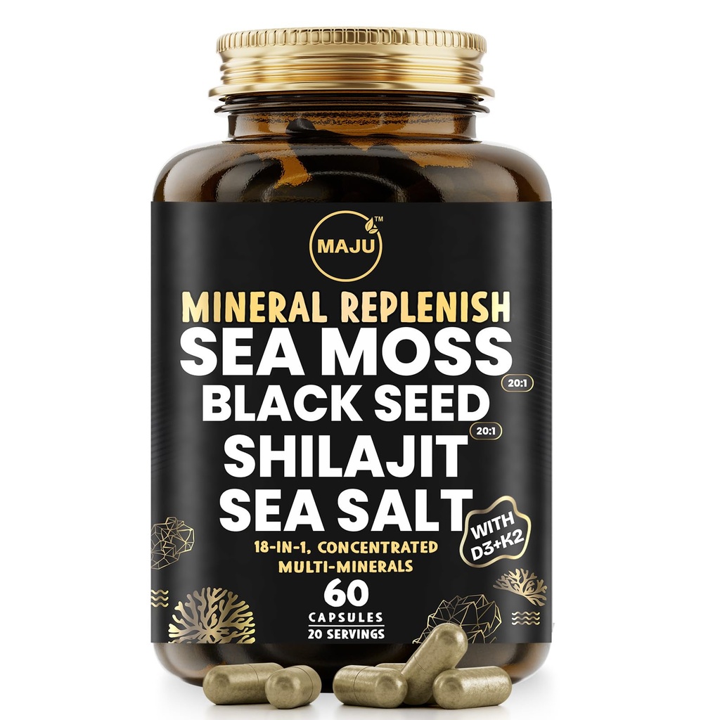 מאג'ו Superfoods 18-in-1 Sea Mos, Black Seed, Shilajit, Sea Salt + D3 & K2, הפקה מורחבת, Trace Multi מינרלים כמוסות, עבור גברים ונשים מינרלים תוספי אלקטרוליטים