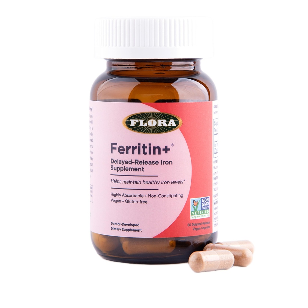 Flora Ferritin+ Delayed-Release Iron Supplement - Plant-Based Iron Supplement - Blood Cell & Energy Support - Vegan & Gluten-Free - Amber Glass Bottle - 30 Vegan Capsules
