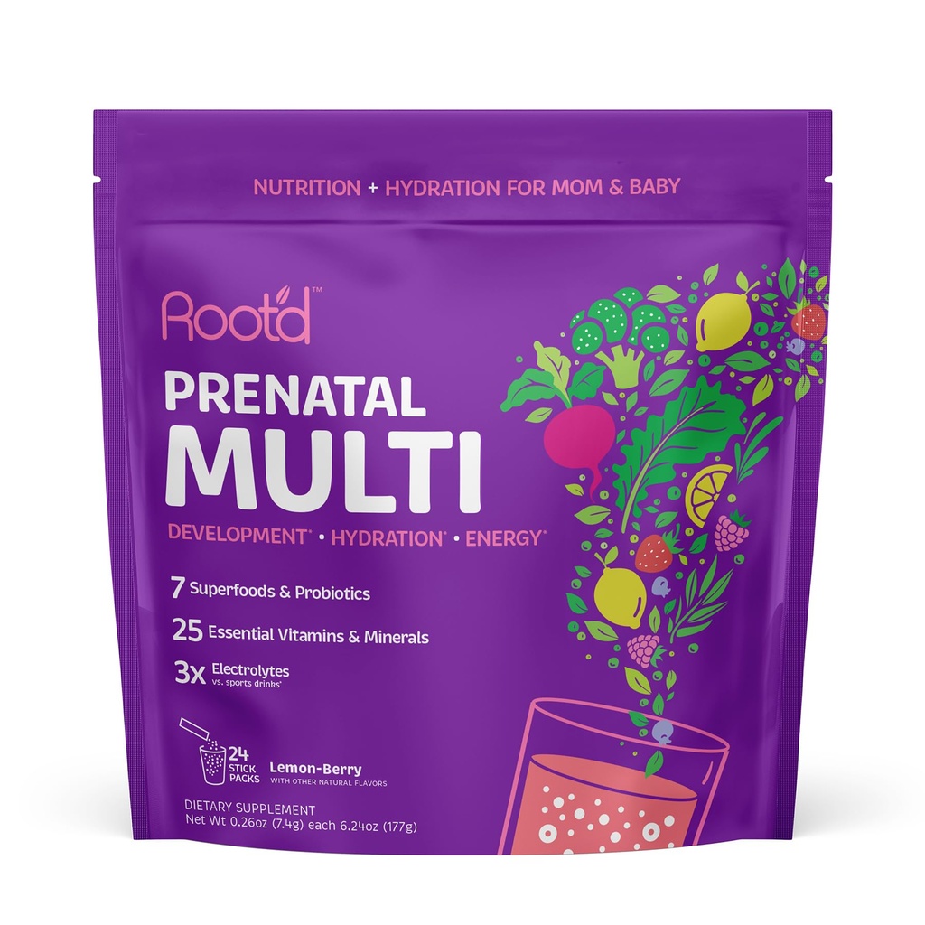 Root'd Prenatal Multivitamin Powder - 25 Vitamins & Minerals with 3X Electrolytes, Folate, Iron, D3 for Mom & Baby, 7 Superfoods & Probiotics, Sugar-Free Vitamins & Hydration | 24 Packets