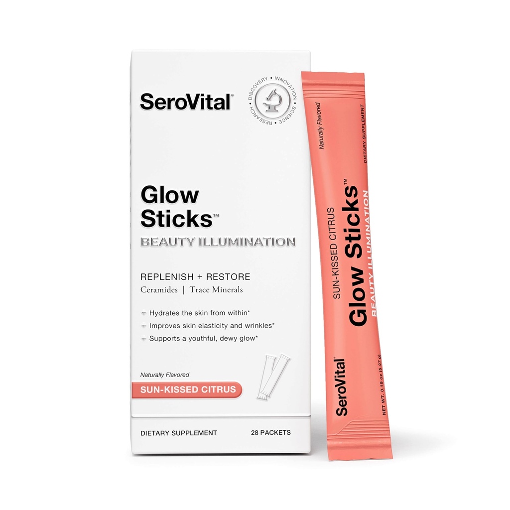 Serovital Glow Sticks Sugar-Free אבקת לשתות לערבב עם Hyaluronic Acid Ceramides אלקטרוליטים עבור הידרה בעור ב 14 ימים Sun-Kissed Citrus Flavor 28 Packets
