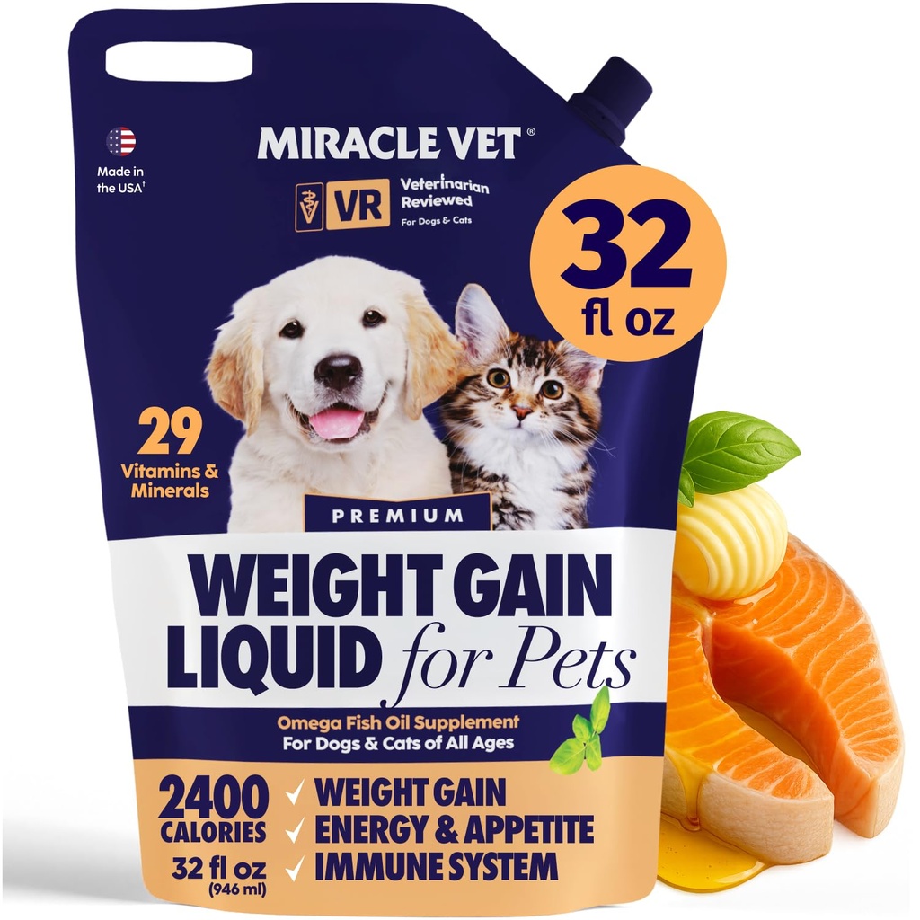 MIRACLE VET High-Calorie Weight Gainer for Dogs & Cats - Multivitamin Nutritional Supplement Gel, Omega Fish Oil, Calcium - Puppy, Senior, Prenatal Cat & Dog Vitamins, Supplements for Weight Gain