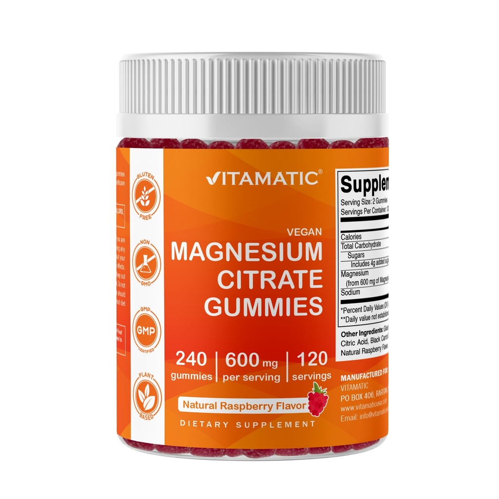 Vitamatic Magnesium Citrate Gummies 600 מ"ג לשרת - 240 חניכיים טבעוניות - Natural Raspberry Flavor - High Absorption Magnesium תוסף - תמיכה עצבי, עצם ובריאות השרירים