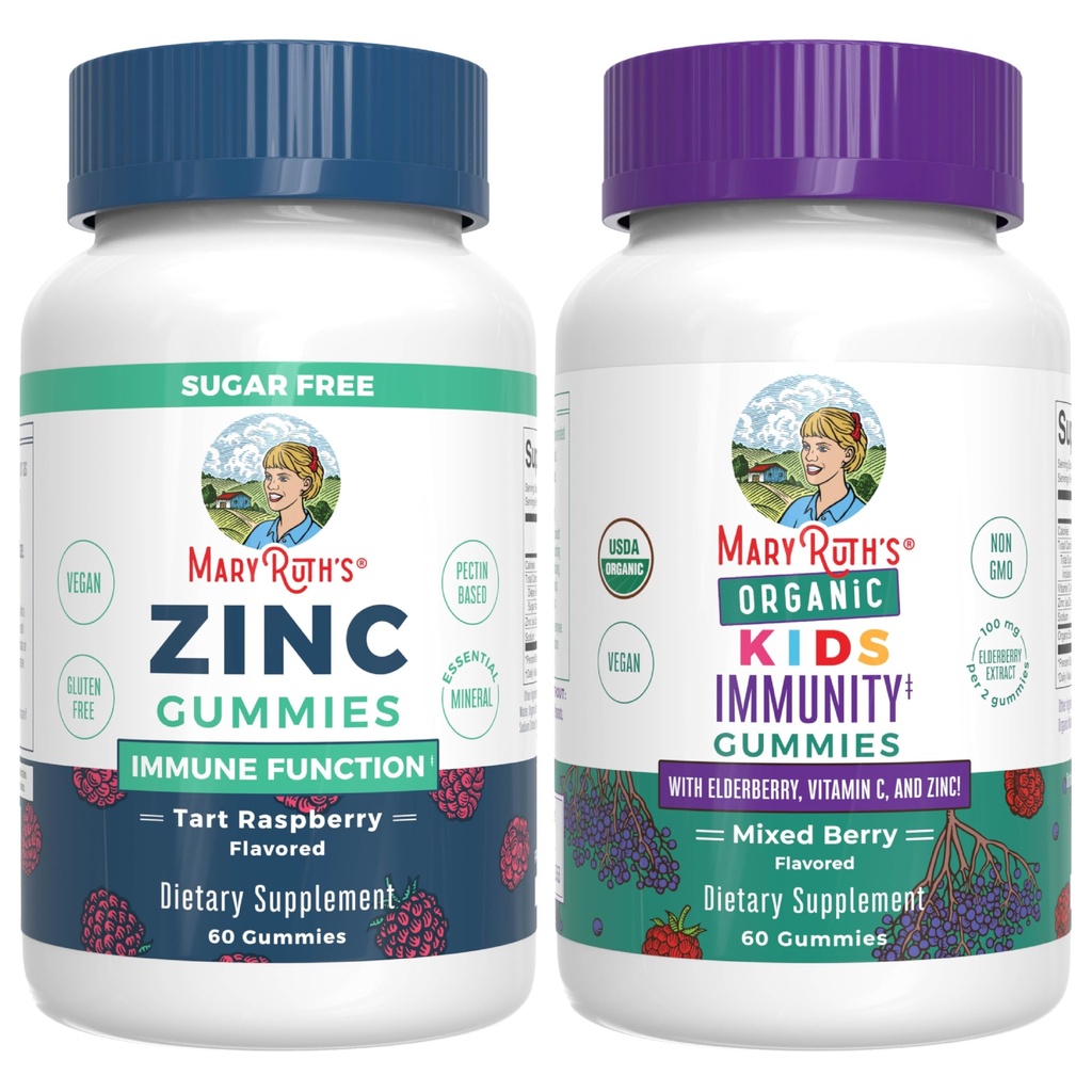MaryRuth Organics Zinc (Tart Raspberry) & Kids Immunity Gummies (Mixed Berry) | פרויקט תווית נקייה מאומת ® | ויטמינים עבור Immunity & Total Health & All | טבעוני, Non-GMO, No Gelatin