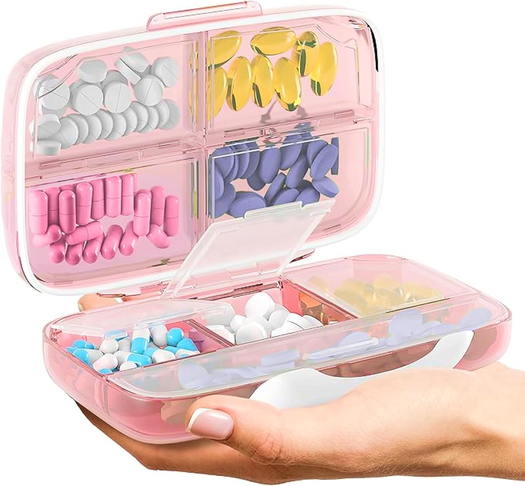 Travel Pill Organer - Airtight Medicine Case for Travel Portable Pharmacy Box with Labels Container 8 השוואתי תרופות הולדר יכולות גדולות מדי יום (Pink)