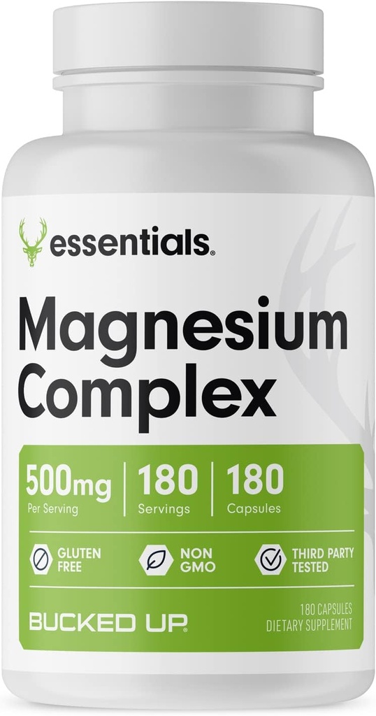 מגנזיום תוספת של 500 מ"ג קפסולות | Magnesium Complex with Glycinate, Citrate ו-Oxide | 3 טפסים פעילים של מגנזיום | Easy on Stomach | Made in USA | Bucked Essentials (180 משרתים)