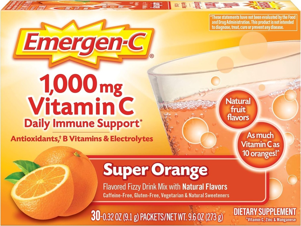 אקסן-C 1000 מ"ג ויטמין C אבקה עבור כל העת Immune תומך Caffeine חינם ויטמין C תוספי מזון עם Zinc ו Manganese, Super Orange Flavor - 30 Count Count