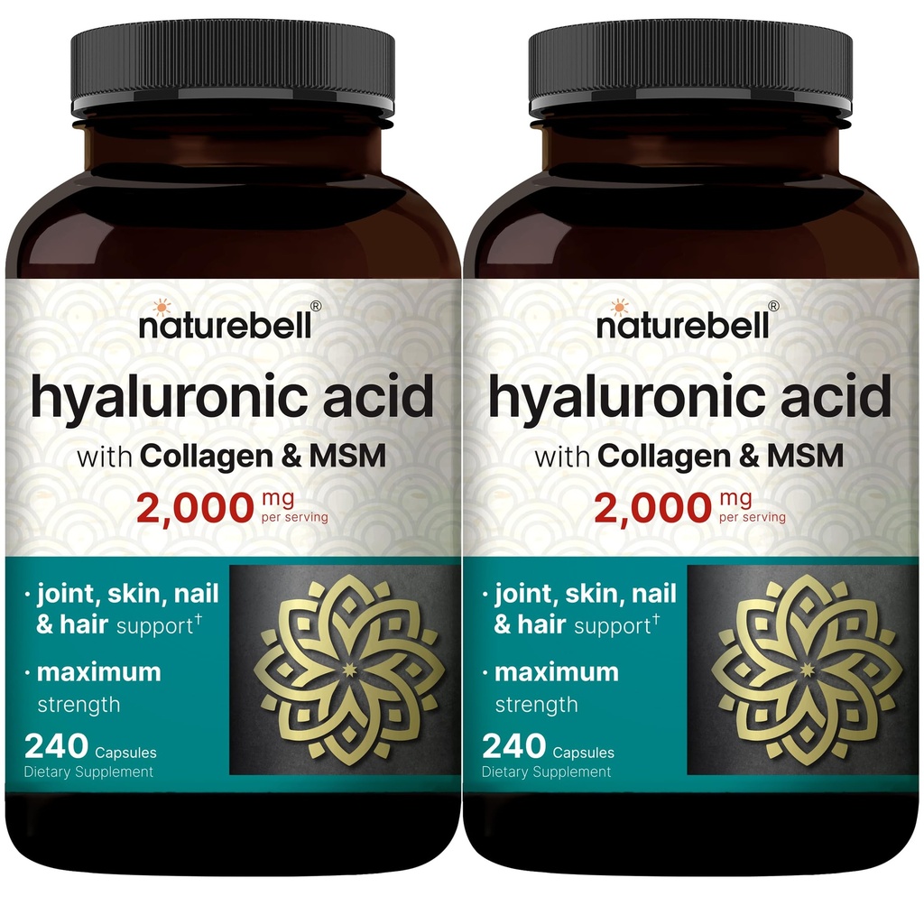 NatureBell 2 Pack Hyaluronic Acid תוספי 2,000 מ"ג | 480 קפסולות מוחלטות, עם MSM & Hydrolyzed Bovine Collagen - 3 תמיכה אחת להשבתת העור, לובריון משותף, שיער, ובריאות העין