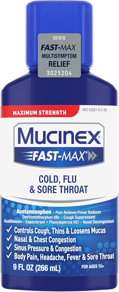 Mucinex Cold, Flu, & Sore גרון סיוע נוזל, 9 Fl Oz