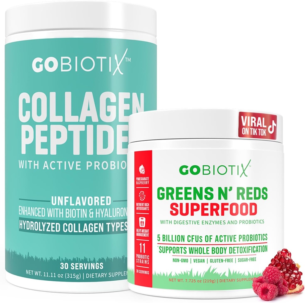 GOBIOTIX Super Greens & Collagen Bundle - Vitality Boost with Organic Spirulina & Hair-Skin-Nails Support - 30 משרתות כל אחד